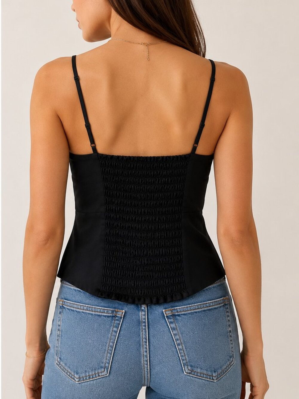 Reformation Black Square Neck Cami Top Smocked Back Size 2 - Picture 2 of 6